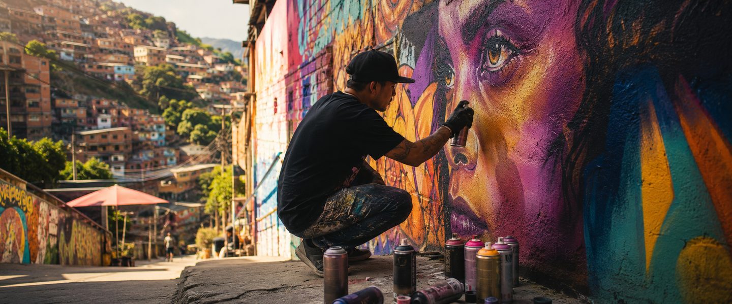 Street artist spray painting a mural in Comuna 13