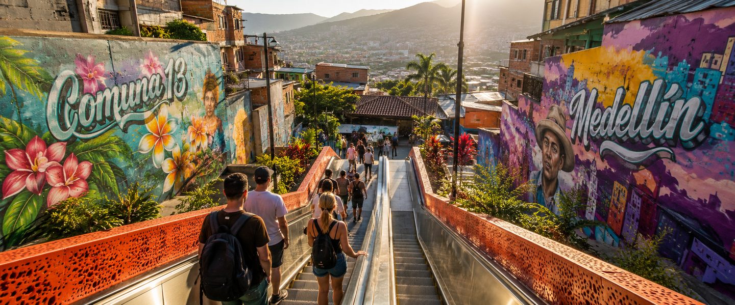Electric escalators flanked by colorful murals in golden hour light