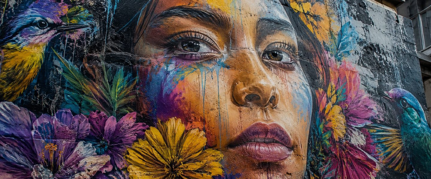 Massive colorful mural of a woman's face with flowers and hummingbirds in Comuna 13, Medellín