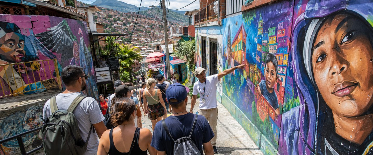 Tour guide explaining graffiti murals to a group of tourists in Comuna 13